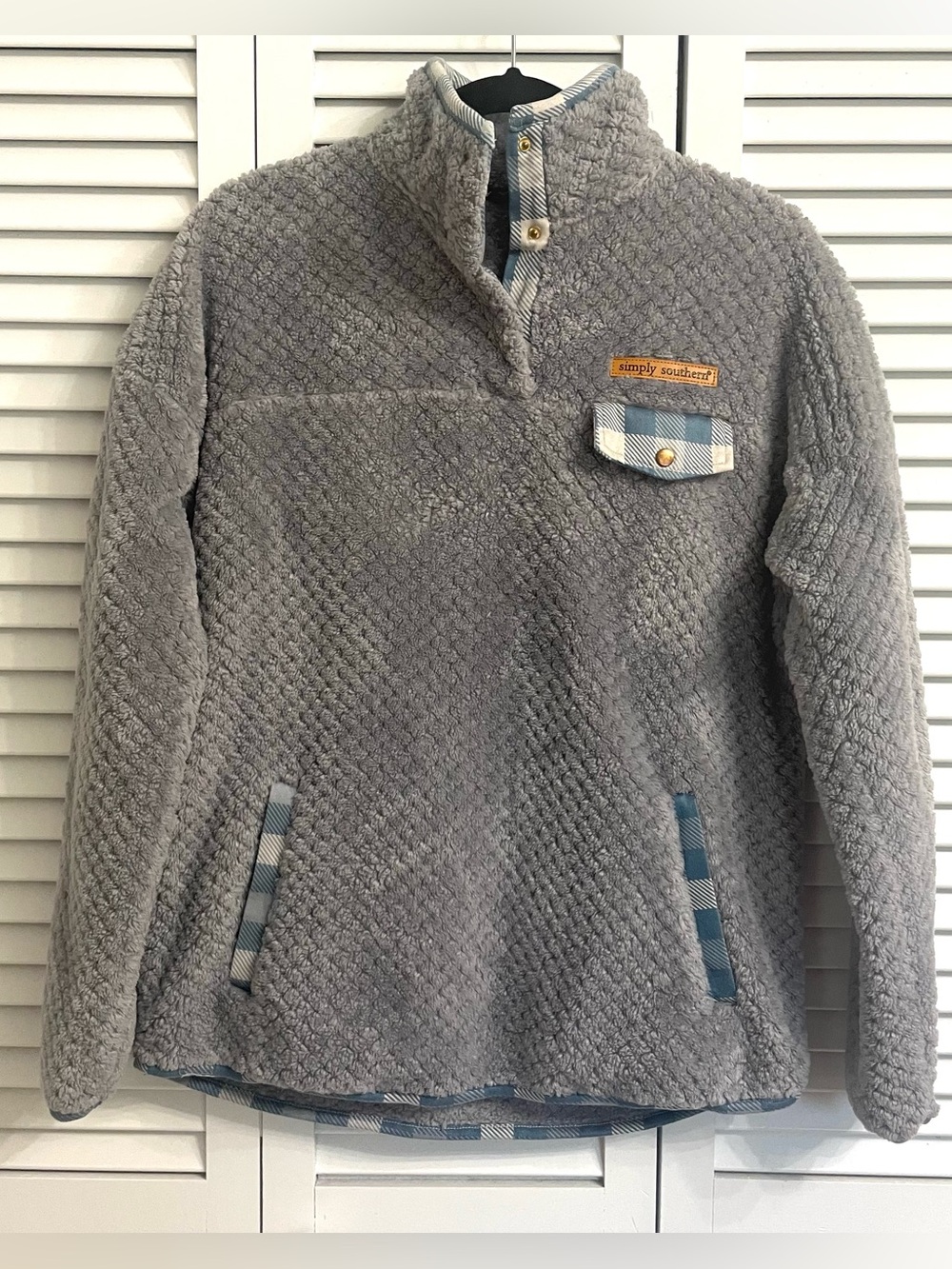 Simply Southern Women’s M Fleece Pullover Quarter Snap Textured Sherpa Gray Blue
